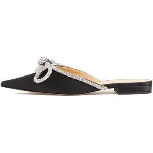 Divanne Black Women Heels Pointed Toe Backless Mules Rhinestone Bow Slip On